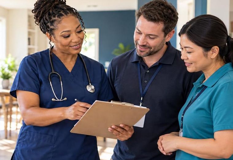 A nurse in navy scrubs reviews notes on a clipboard with two smiling care team members in a bright home.